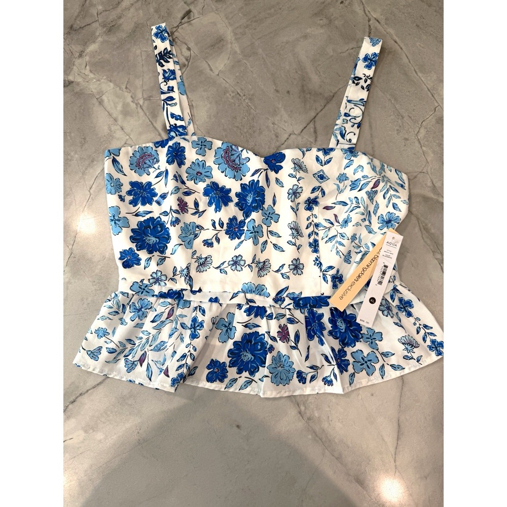 AQUA Blue/White Floral Sleeveless Sweetheart Peplum Back Zip Top XL
